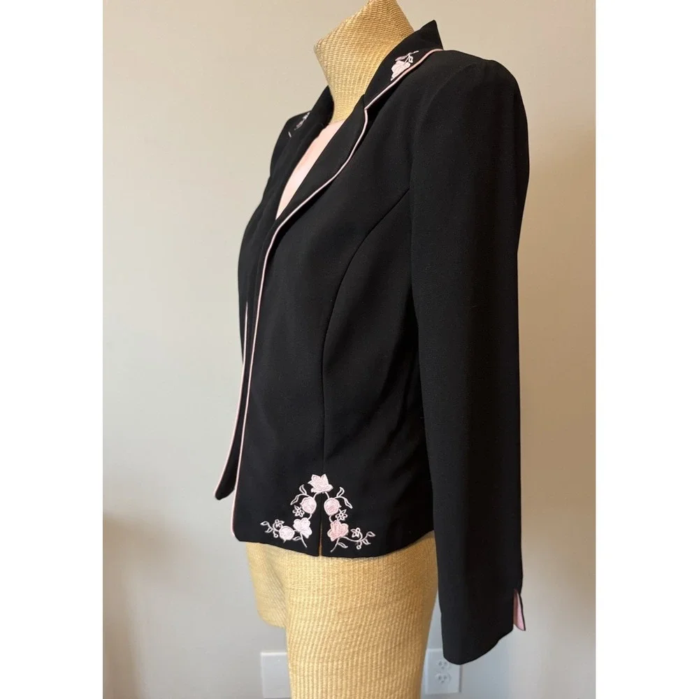 VTG Y2K Sag Harbor Jacket Blazer Black‎ Pink Embroidered Flowers Goth Girly Sz 8